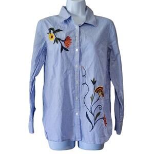 Talbots Womens Blouse Size SP Petite Blue Striped Embroidered Flowers Button Up